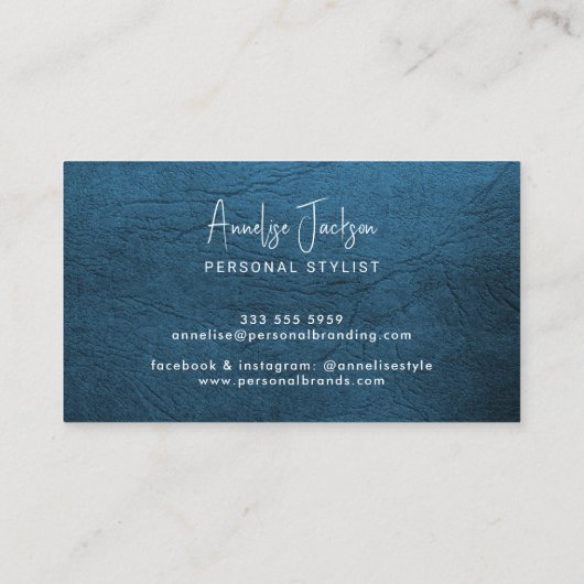 Custom logo elegant luxe blauw leer visitekaartje (Achterkant)