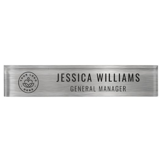 Custom Logo Employee Name Luxe Faux Brushed Silver Naambordje (Voorkant)