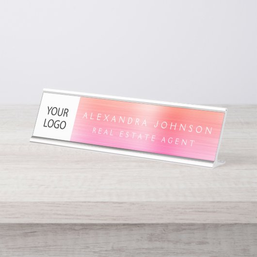 Custom Logo Executive Sinaasappel Roze Professione Bureau Naambordje (Voorkant)