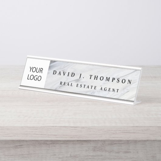 Custom Logo Grey Wit Marmer Professional Bureau Naambordje (Voorkant)