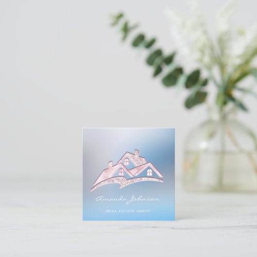 Custom Logo House Makelaar Home Roze Blauw Vierkante Visitekaartje (Staand voorkant)