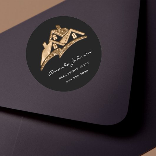 Custom Logo House Real Estate Agent Gold Black Squ Ronde Sticker