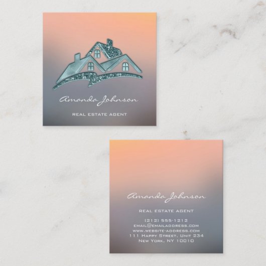 Custom Logo House Real Estate Agent Home Grey Blau Vierkante Visitekaartje (Voorkant / Achterkant)