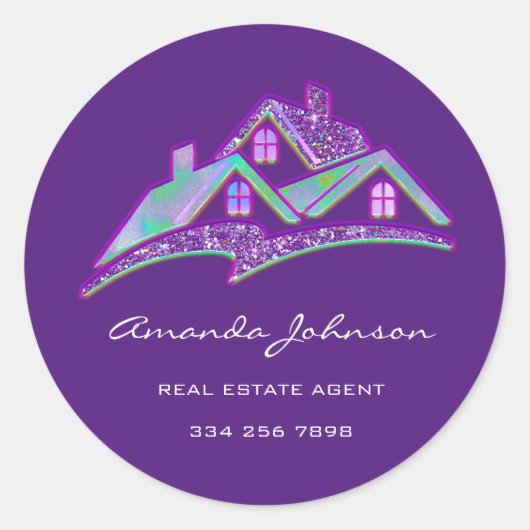 Custom Logo House Real Estate Agent Paars Glitter Ronde Sticker (Voorkant)