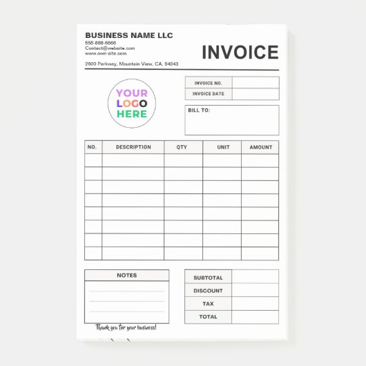 Custom Logo Invoice Order Forms | Business Pad Post-it® Notes (Voorkant)
