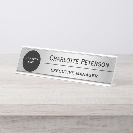 Custom Logo Luxury Silver Metal Executive Bureau Naambordje (Voorkant)