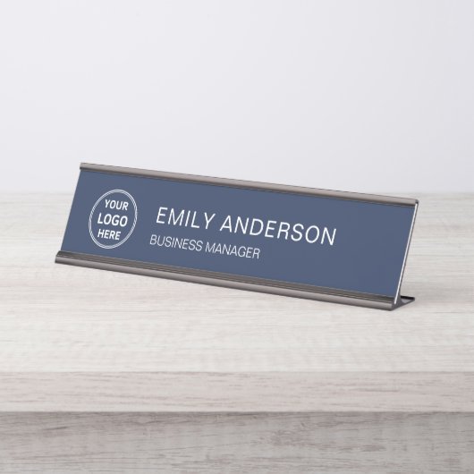 Custom Logo Minimal Business Corporate Navy Blue Bureau Naambordje (Voorkant)