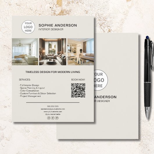 Custom Logo Photo QR Interior Designer Business Flyer