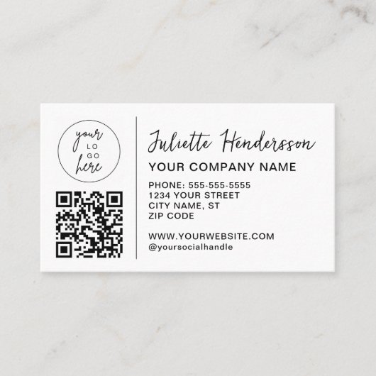 Custom Logo QR Code Photo Elegant Business Visitekaartje (Voorkant)