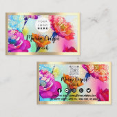 Custom Logo QRCode Waterverf Gold Social Florals Visitekaartje (Voorkant / Achterkant)