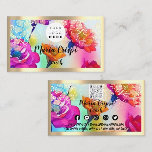 Custom Logo QRCode Waterverf Gold Social Florals Visitekaartje (Voorkant / Achterkant)