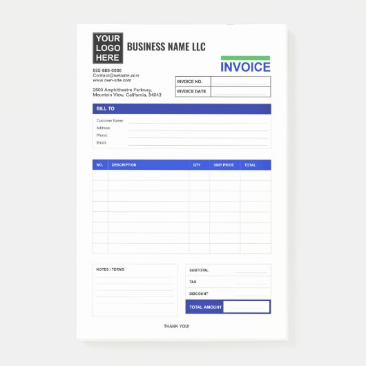 Custom Logo Small Business Invoice Receipt Pad Post-it® Notes (Voorkant)