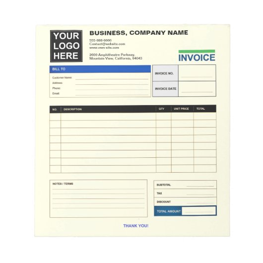 Custom Logo Small Business Invoice Sales Receipt Notitieblok (Voorkant)
