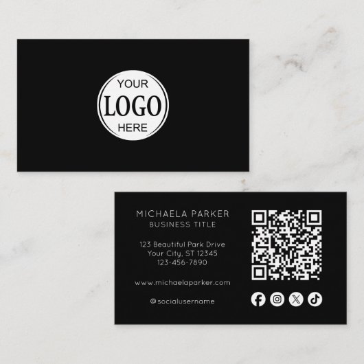 Custom Logo Social Icon QR Code Professional Black Visitekaartje (Voorkant / Achterkant)