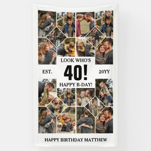 Custom Look Who's 40 Happy Birthday Fotocollage Spandoek (Verticaal)