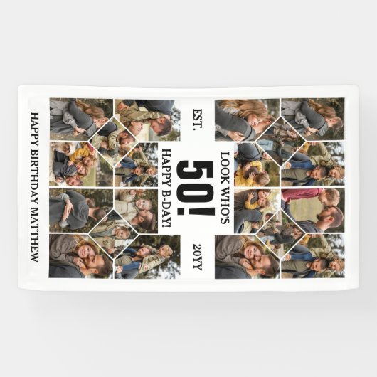 Custom Look Who's 50 Happy Birthday Photo Collage Spandoek (Horizontaal)