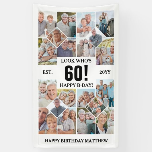 Custom Look Who's 60 Happy Birthday Photo Collage Spandoek (Verticaal)