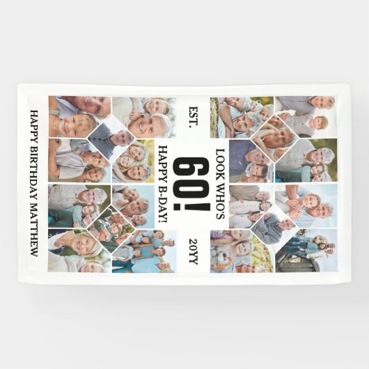 Custom Look Who's 60 Happy Birthday Photo Collage Spandoek (Horizontaal)