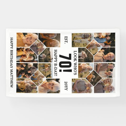 Custom Look Who's 70 Happy Birthday Fotocollage Spandoek (Horizontaal)