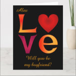 Custom LOVE Square Boyfriend Voorstel op zwart Kaart<br><div class="desc">Klassieke illustratie met een handgetekend centraal vierkant motief bestaande uit grote letters die het woord LIEFDE spellen met de letter O vervangen door een hart. De letters zijn gekleurd in ombre rood en geel. De aangepaste tekst onder het kleurrijke motief kan worden gepersonaliseerd. De formulering kan worden gewijzigd door op...</div>