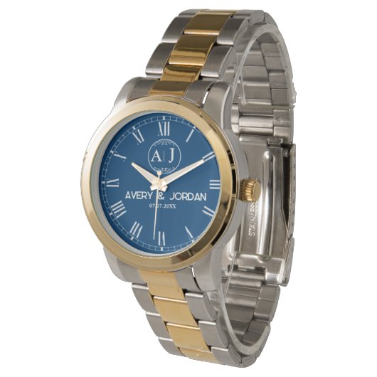 Custom lovers name monogram Personalized blue Horloge (Gekanteld)