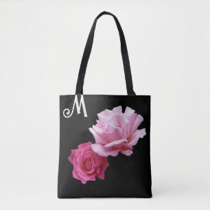 Custom M monogram roze roos moderne bloemen Tote Bag