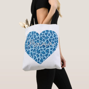Custom Mama Word Art over Blue Leopard Pattern Tote Bag