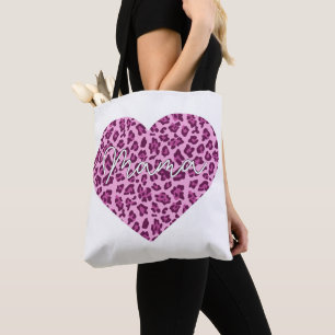 Custom Mama Word Art over roze leopard Pattern Tote Bag