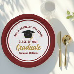 Custom Maroon Gold Afstuderen 2025 Afstudeerfeest Papieren Bordje<br><div class="desc">Deze moderne kastanjebruine en gouden aangepaste afstudeerfeest borden zijn voorzien van stijlvolle typografie van uw universiteit of hogeschool naam voor de klas van 2025. Pas je aan met je afstudeerjaar naast het chique handgeschreven script en het zwarte afstudeerders pet voor geweldige persoonlijke felicitaties afstuderen feestdecor.</div>