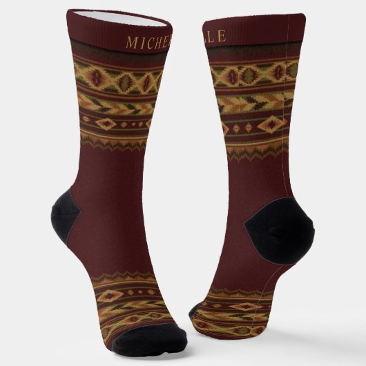 Custom Maroon rood goud geel aztec patroon Sokken (Gebogen)