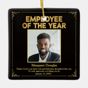 Custom Medewerker van het Jaar Zwart Goud Foto Keramisch Ornament