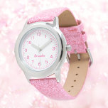Custom Meisje Naam Roze Glitter Strap Kind Horloge<br><div class="desc">Custom Meisje Naam Roze Glitter Strap Kind Horloge</div>