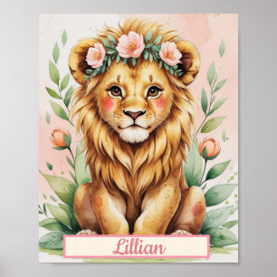 Custom Meisje Oerwoud Kwekerij Waterverf Baby Lion Poster