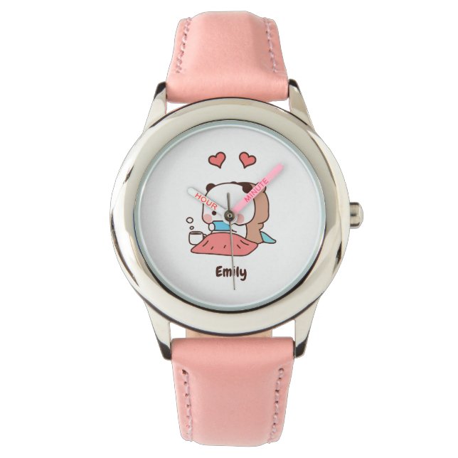 Custom Meisjes Naam Roze, Schattige Panda Beer Horloge (Voorkant)