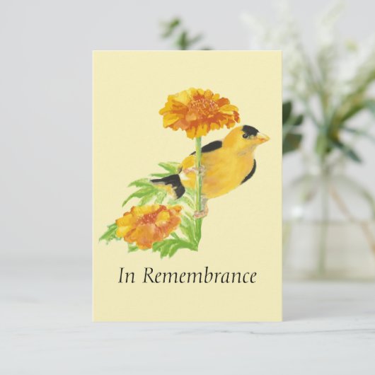Custom Memorial Service Goldfinch & Marigold Kaart (Staand voorkant)