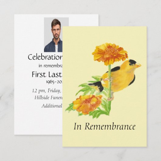 Custom Memorial Service Goldfinch & Marigold Kaart (Voorkant / Achterkant)
