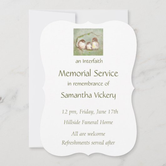 Custom Memorial Service Invite Sparrow Family Bird Kaart (Achterkant)