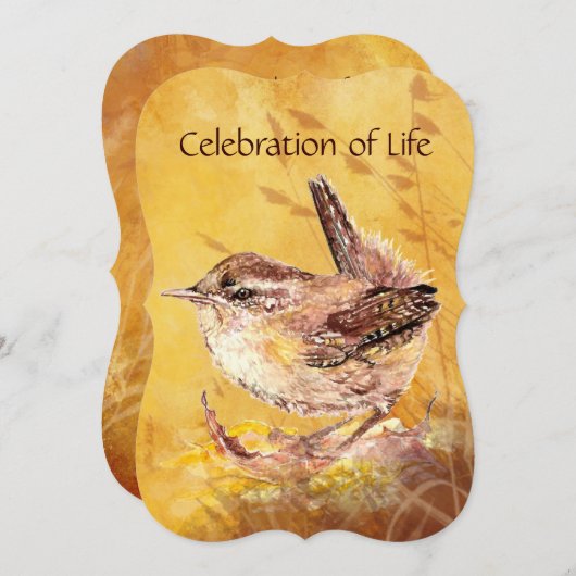 Custom Memorial Service Invite Wren Bird Art Kaart (Voorkant / Achterkant)
