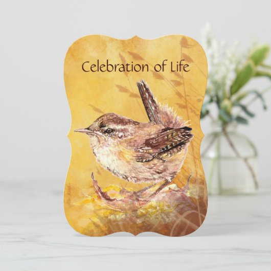 Custom Memorial Service Invite Wren Bird Art Kaart (Staand voorkant)
