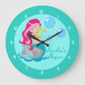 Custom Mermaid Girl Blauwgroen Grote Klok (Voorkant)
