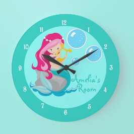 Custom Mermaid Girl Blauwgroen Grote Klok
