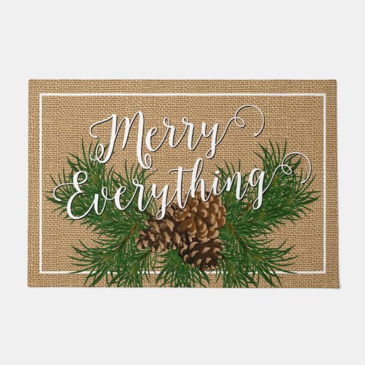 Custom Merry Alles Op Faux Burlap Cabin Deurmat (Voorkant)