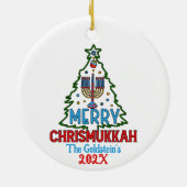 Custom Merry Chrismukkah Happy Chanoeka Keramisch Ornament (Achterkant)