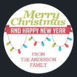 Custom Merry Christmas Bright Lights Sticker<br><div class="desc">Schattigee moderne Merry Christmas & Happy New Year Ornament Sticker met trendy typografie omlijst met felle en kleurrijke kerstverlichting.</div>