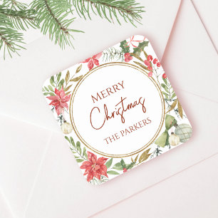 Custom Merry Christmas Feestelijke Bloemen Lijst Vierkante Sticker