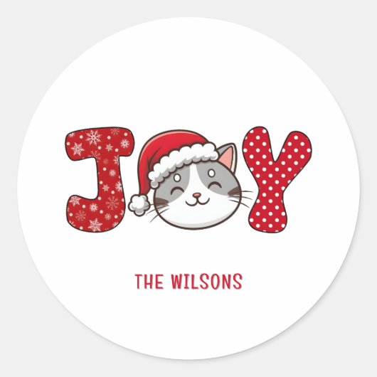 Custom Merry Christmas Kitty Cat " JOY " Ronde Sticker (Voorkant)