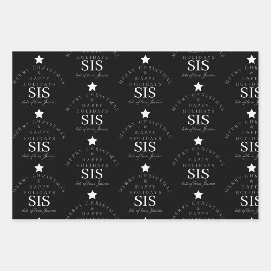 Custom Merry Christmas Monogram Sister Black Inpakpapier Vel (Voorkant)