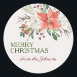Custom Merry Christmas Naam toevoegen Waterverf Fl Ronde Sticker<br><div class="desc">Mooie waterverf ivoren textuur basis met een waterverf boeket van groenen,  twijgen,  diepe bessen,  en rode en witte poinsettias. Beide tekstgebieden zijn aanpasbaar. eerst zegt vrolijk kerstfeest,  verzenden bevat een script lettertype voor plaatsing van jouw namen</div>