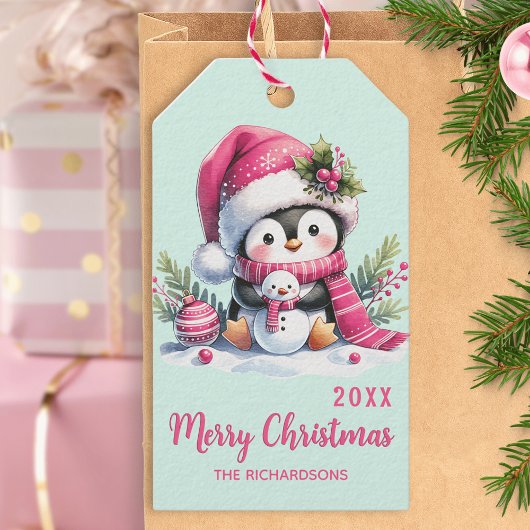 Custom Merry Christmas Pink Mint Green Fun Penguin Cadeaulabel