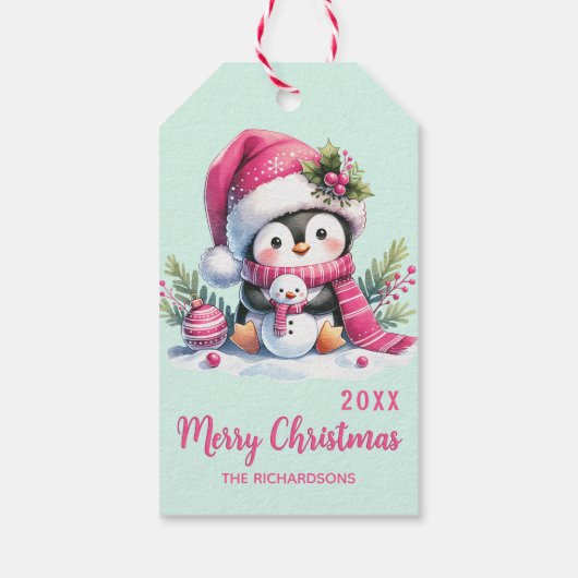 Custom Merry Christmas Pink Mint Green Fun Penguin Cadeaulabel (Achterkant)